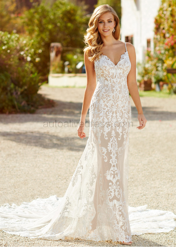 Three Piece Beaded Spaghetti Straps Ivory Lace Tulle Wedding Dress